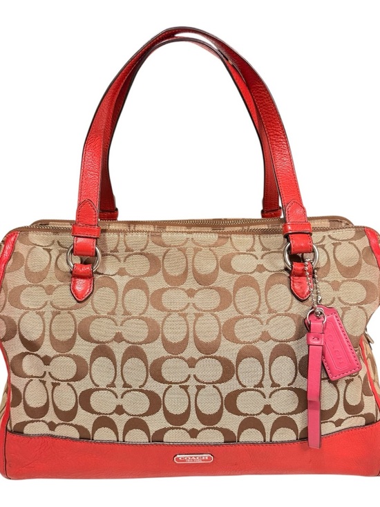 Coach Handbags - Coach Beige Signature Canvas Satchel with Red Leather Trim